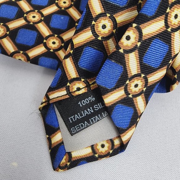 Domani Men's Tie Italian Silk Blue & Gold Geometric Design USA - Picture 4 of 8